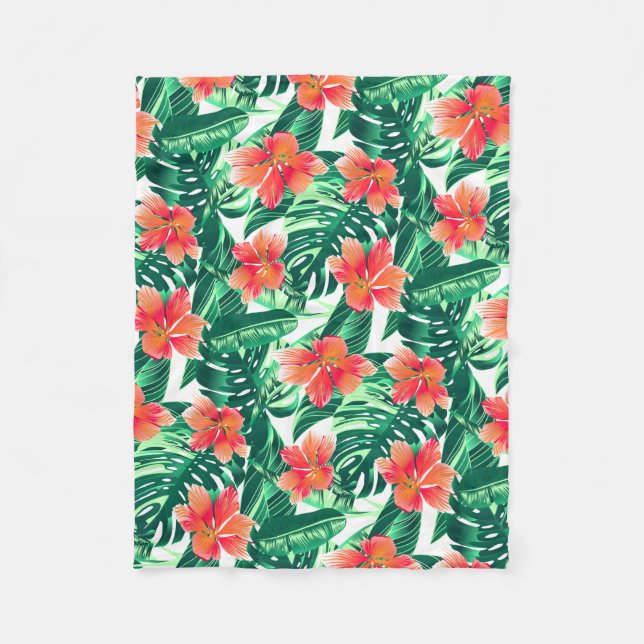 Tropical orange hibiscus fleece blanket (Front)