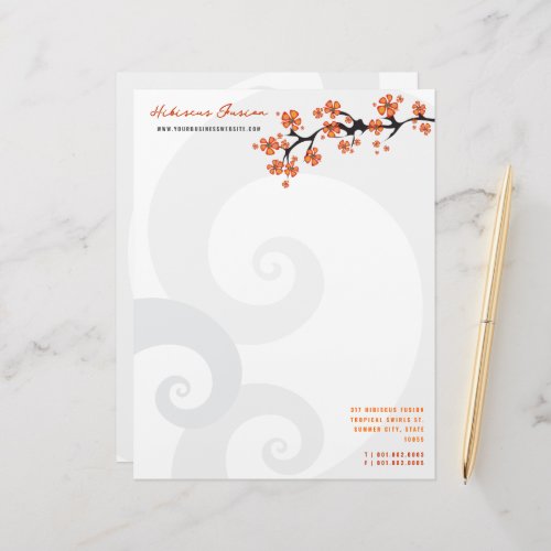 Tropical Orange Hibiscus Flower Fusion Grey Swirls Letterhead