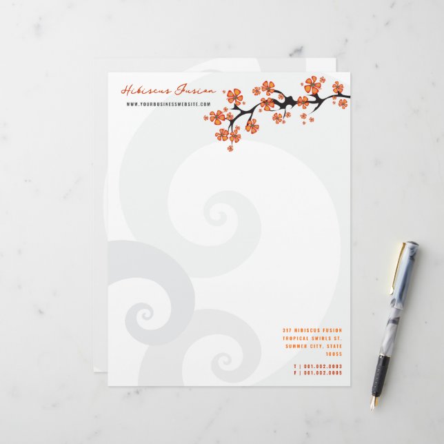 Tropical Orange Hibiscus Flower Fusion Grey Swirls Letterhead (Front/Back In Situ)