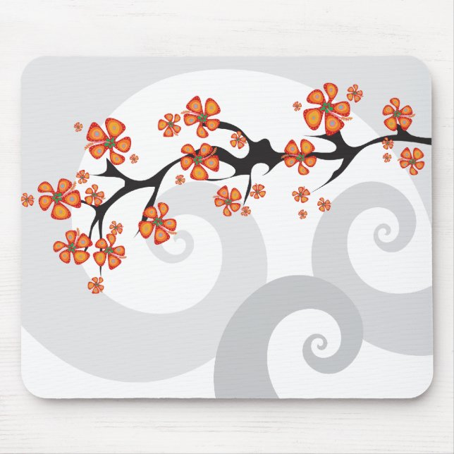 Tropical Orange Hibiscus Flower Fusion Grey Swirls Mouse Pad (Front)