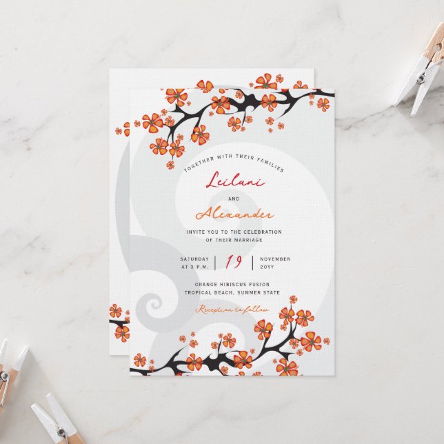 Tropical Orange Hibiscus Fusion Grey Swirl Wedding Invitation (Front/Back In Situ)