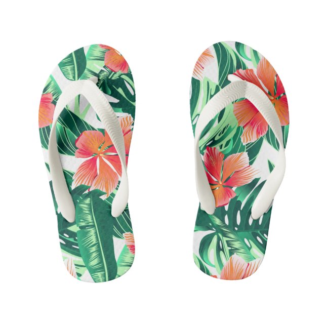 Tropical orange hibiscus kid's flip flops (Footbed)