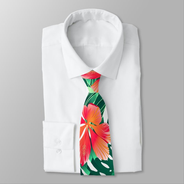 Tropical orange hibiscus neck tie (Tied)