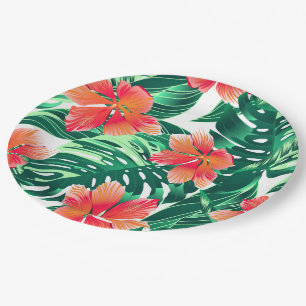 Tropical orange hibiscus paper plates