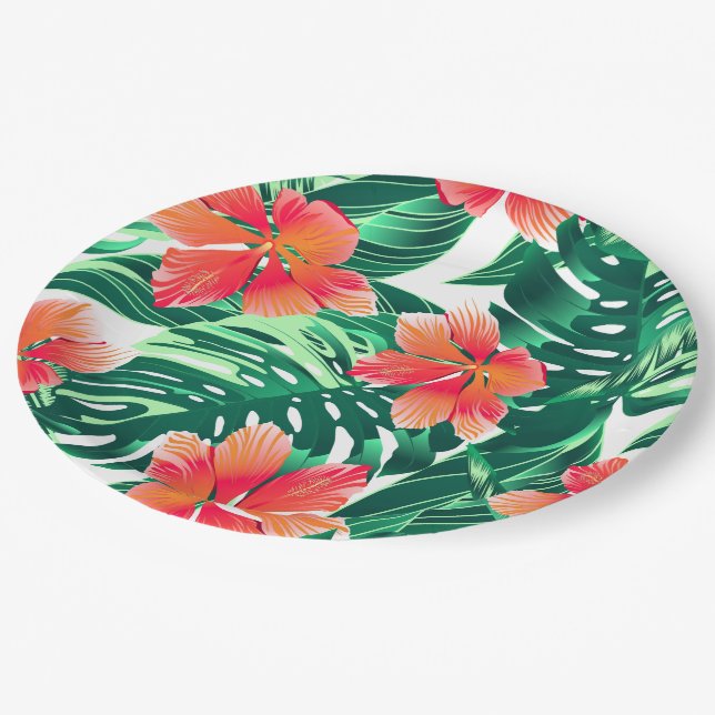 Tropical orange hibiscus paper plates (Angled)
