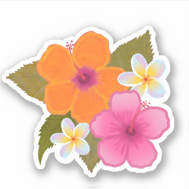 TROPICAL ORANGE  HIBISCUS PLUMERIA HAWAIIN FLOWERS STICKER (Front)
