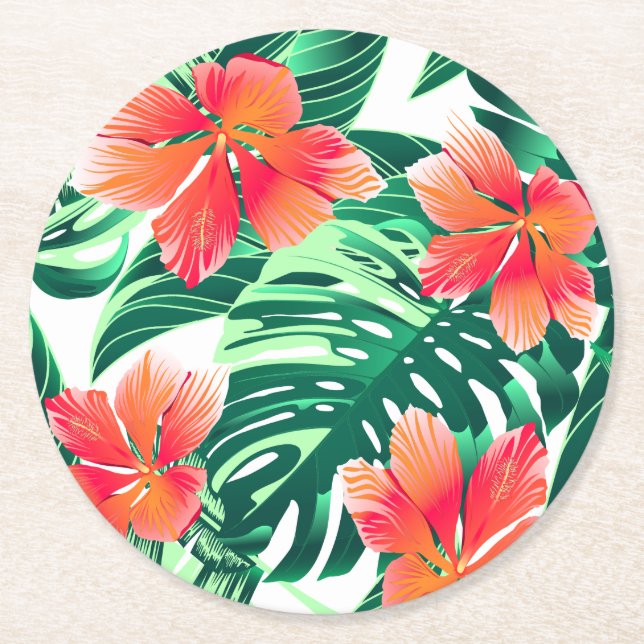 Tropical orange hibiscus round paper coaster (Front)