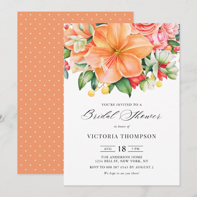 Tropical Orange Hibiscus Succulents Bridal Shower Invitation (Front/Back)