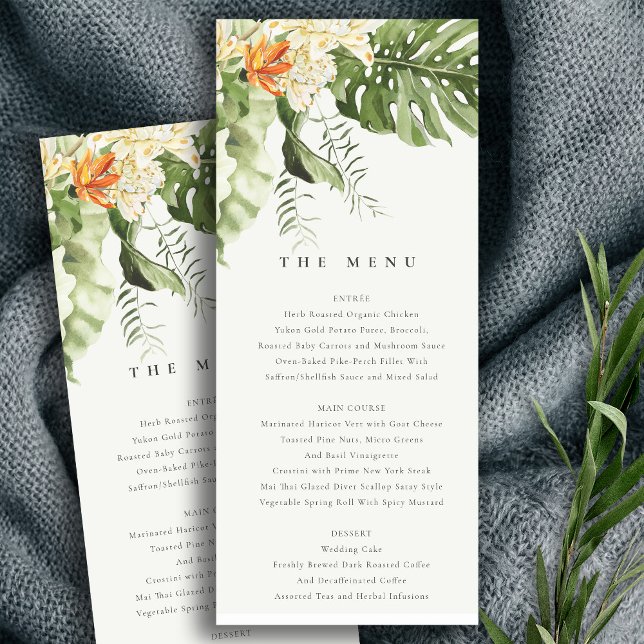 Tropical Orange Leafy Botanical Wedding Menu Card (Creator Uploaded)