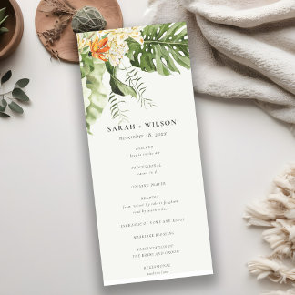 Tropical Orange Leafy Botanical Wedding Program