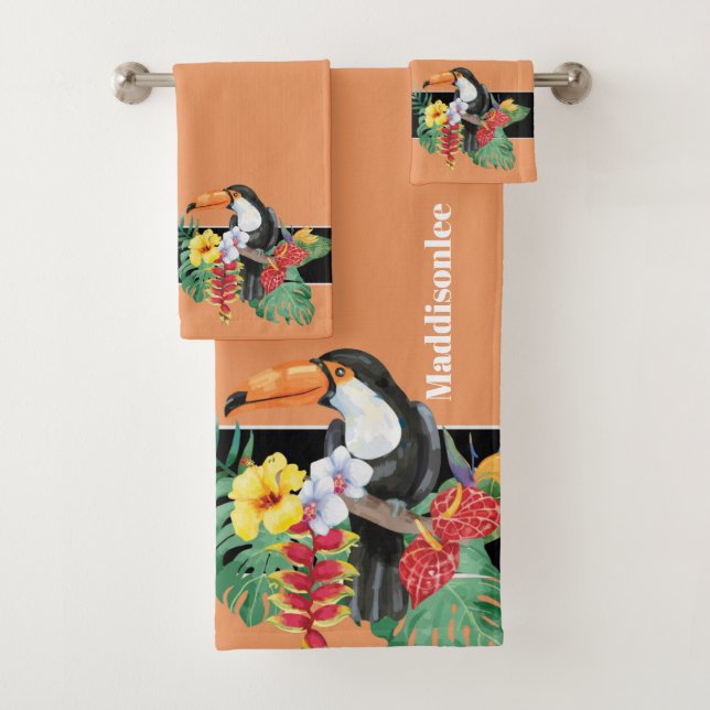 Tropical Orange  Monogram Name Toucan Bathroom Bath Towel Set (Insitu)