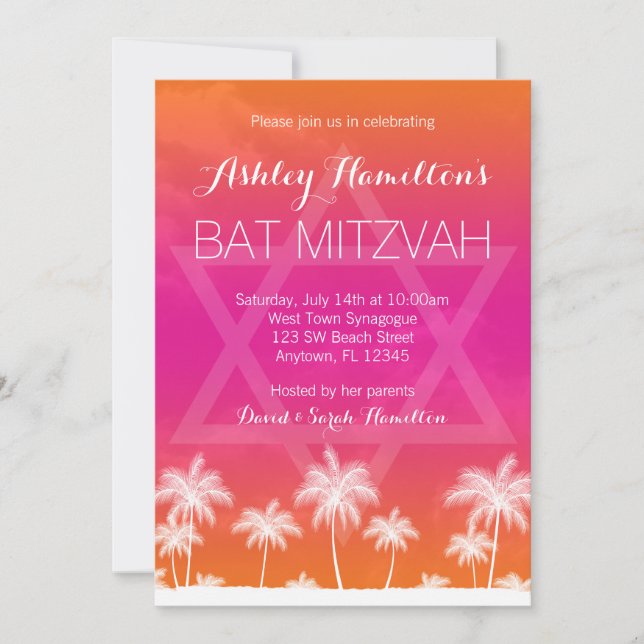 Tropical Orange Pink Bat Mitzvah Invitation (Front)