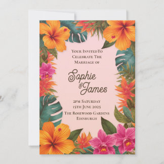 Tropical Orange Pink Hibiscus Floral Wedding Invitation