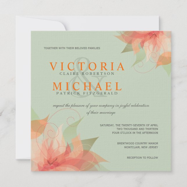 Tropical Orange & Sage Linen Wedding Invitations (Front)