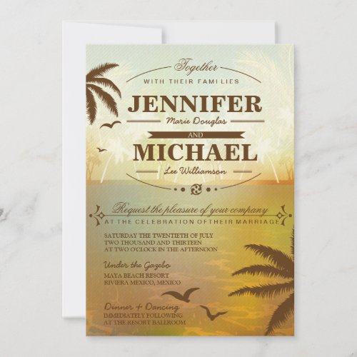 Tropical Orange Scenic Beach Wedding Invitations