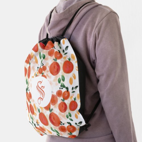 Tropical Oranges and Leaves Pattern Monogrammed Drawstring Bag