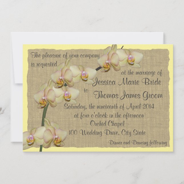 Tropical Orchid and Burlap Rustic Beach Wedding Invitation (Front)