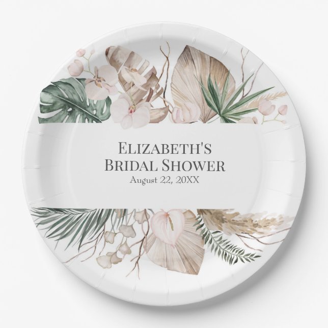 Tropical Orchid and Monstera Bridal Shower Paper Plates (Front)