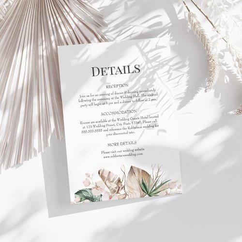 Tropical Orchid and Monstera Wedding Details Card