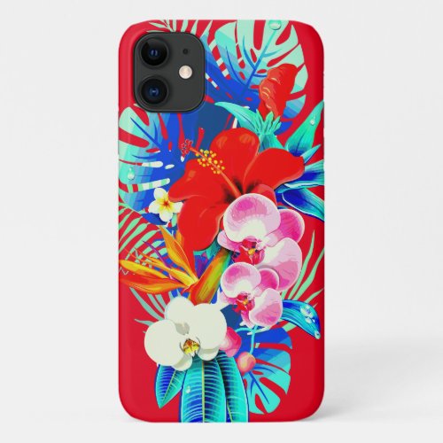 Tropical orchid and palm leaves Hawaiian floral iPhone 11 Case