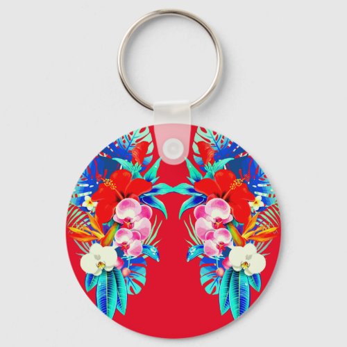Tropical orchid and palm leaves Hawaiian floral Keychain