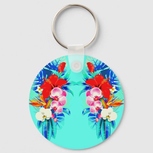 Tropical orchid and palm leaves Hawaiian floral Keychain