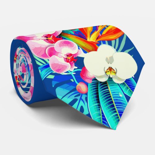 Tropical orchid and palm leaves Hawaiian floral Neck Tie