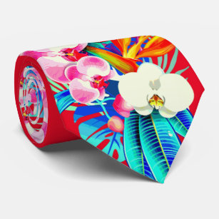 Tropical orchid and palm leaves Hawaiian floral Neck Tie