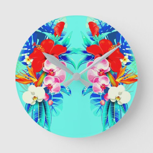 Tropical orchid and palm leaves Hawaiian floral Round Clock