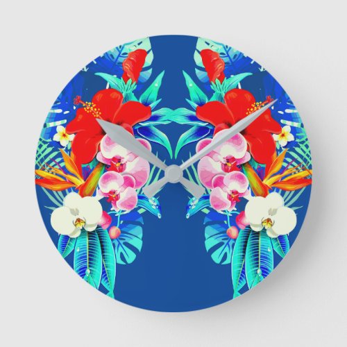 Tropical orchid and palm leaves Hawaiian floral Round Clock