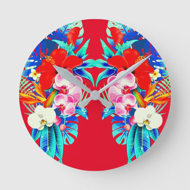 Tropical orchid and palm leaves Hawaiian floral Round Clock (Front)