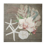 Tropical Orchid Floral Beach Ocean Seashells Wood Ceramic Tile<br><div class="desc">Tropical Orchid Floral Beach Ocean Seashells Wood background,  design has starfish and sand dollars mixed with tropical jungle leaves in muted tones of tan and pink with a monstera leaf and palm frond.  All art was painted in watercolor by internationally licensed artist and designer,  Audrey Jeanne Roberts,  copyright.</div>