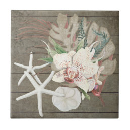 Tropical Orchid Floral Beach Ocean Seashells Wood Ceramic Tile