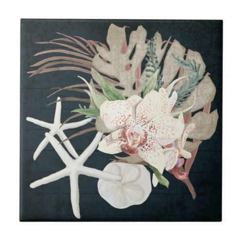 Tropical Orchid Floral Navy Beach Ocean Seashells Ceramic Tile