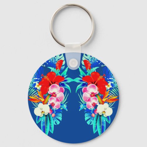 Tropical orchid flower and palm leaf Hawaiian  Keychain