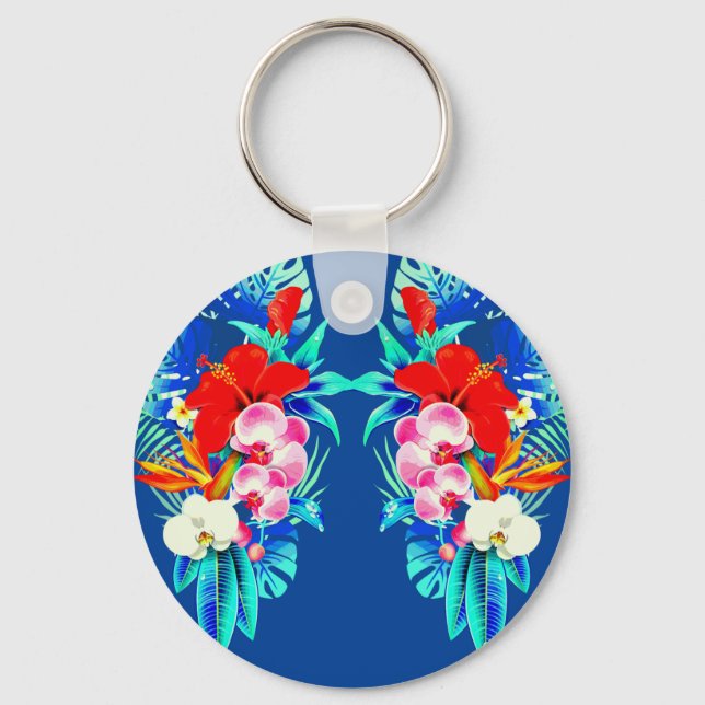 Tropical orchid flower and palm leaf Hawaiian  Keychain (Front)