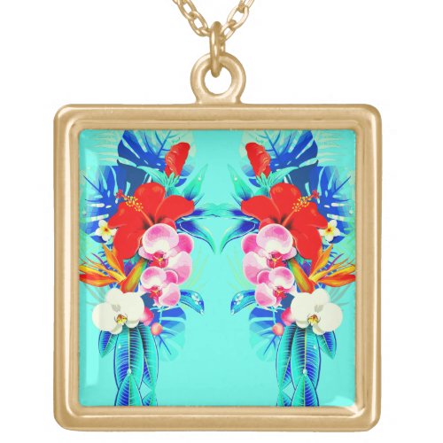 Tropical orchid flower palm leaf Hawaiian teal Gold Plated Necklace
