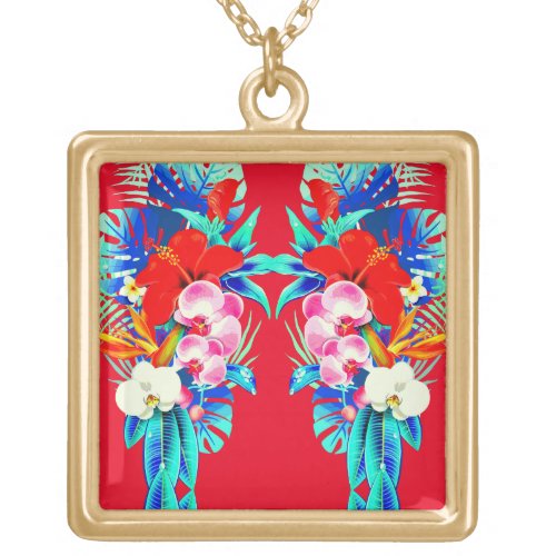 Tropical orchid flower palm leaves Hawaiian floral Gold Plated Necklace