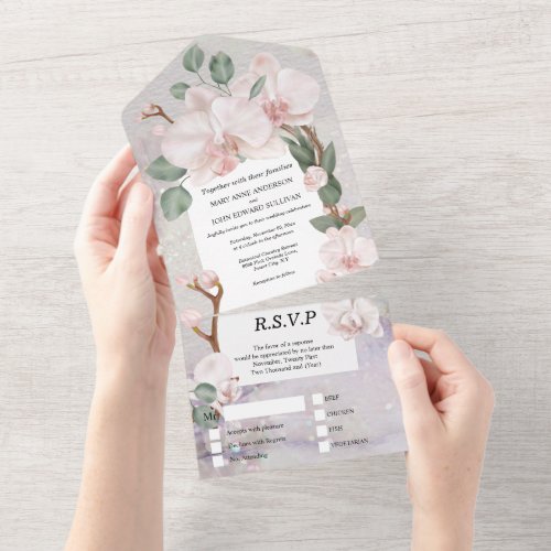 Tropical orchid flower pearl shimmer elegance all in one invitation