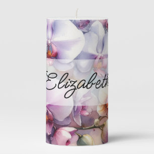Tropical orchid flowers floral watercolor and name pillar candle