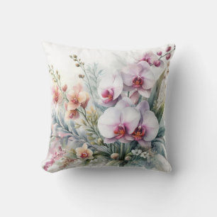 Tropical Orchid Flowers Pastel Watercolor Throw Pillow