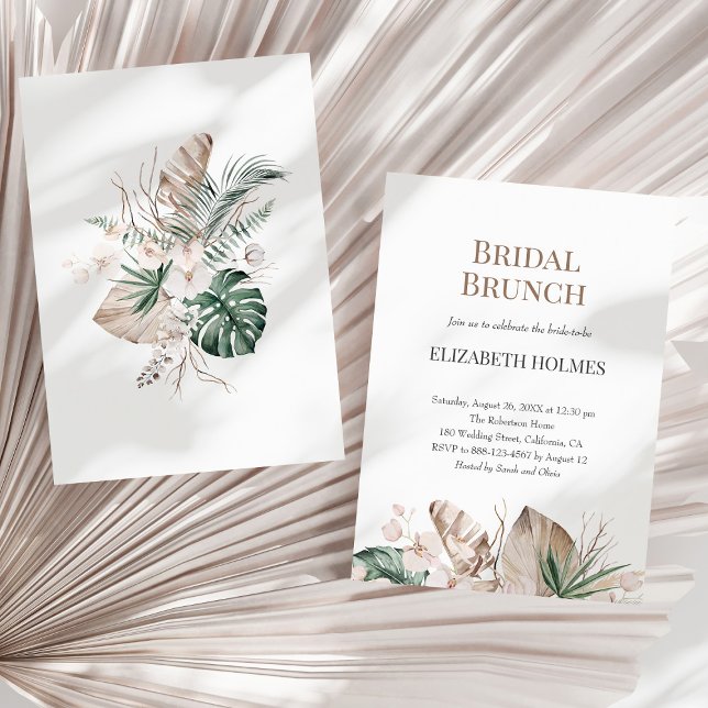 Tropical Orchid Monstera Bridal Brunch Invitation (Tropical Orchid Monstera Bridal Brunch Invitation on a sunny neutral dry palm leaf.)
