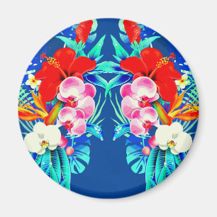 Tropical orchid monstera Hawaiian floral blue Magnet