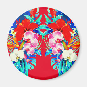 Tropical orchid monstera Hawaiian floral red blue  Magnet
