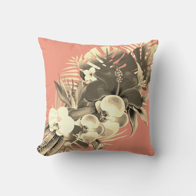 Tropical orchid monstera leaf peach Hawaiian flora Throw Pillow (Front)