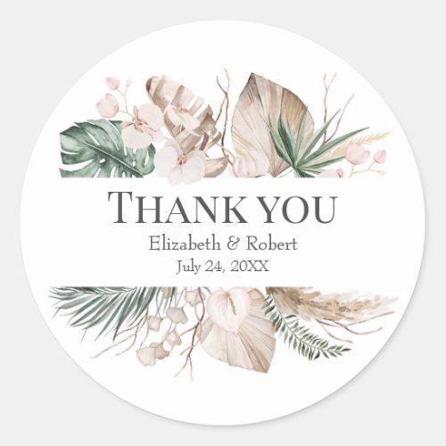 Tropical Orchid Monstera Wedding Thank You Sticker