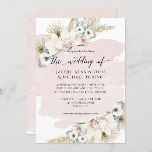 Tropical Orchid Palm Greenery Modern Watercolor Invitation