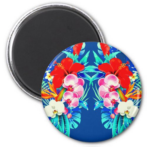 Tropical orchid palm leaf Hawaiian floral blue Magnet