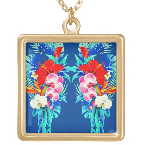 Tropical orchid palm leaf Hawaiian floral blue red Gold Plated Necklace