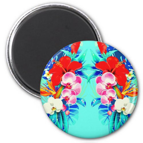 Tropical orchid palm leaf Hawaiian floral teal Magnet